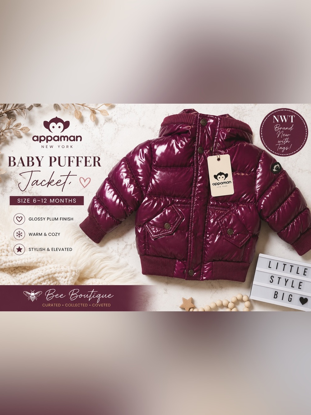 NWT Appaman Baby Puffer Jacket | 6–12M | Glossy Plum